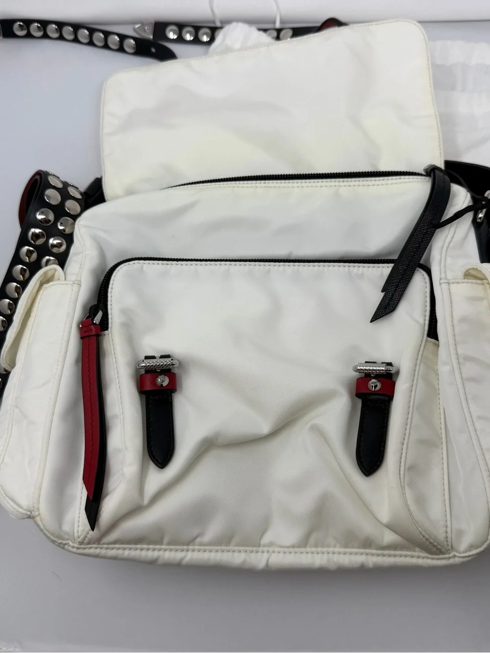Prada White Nylon Shoulder Bag with Red Trim & Silver Studs